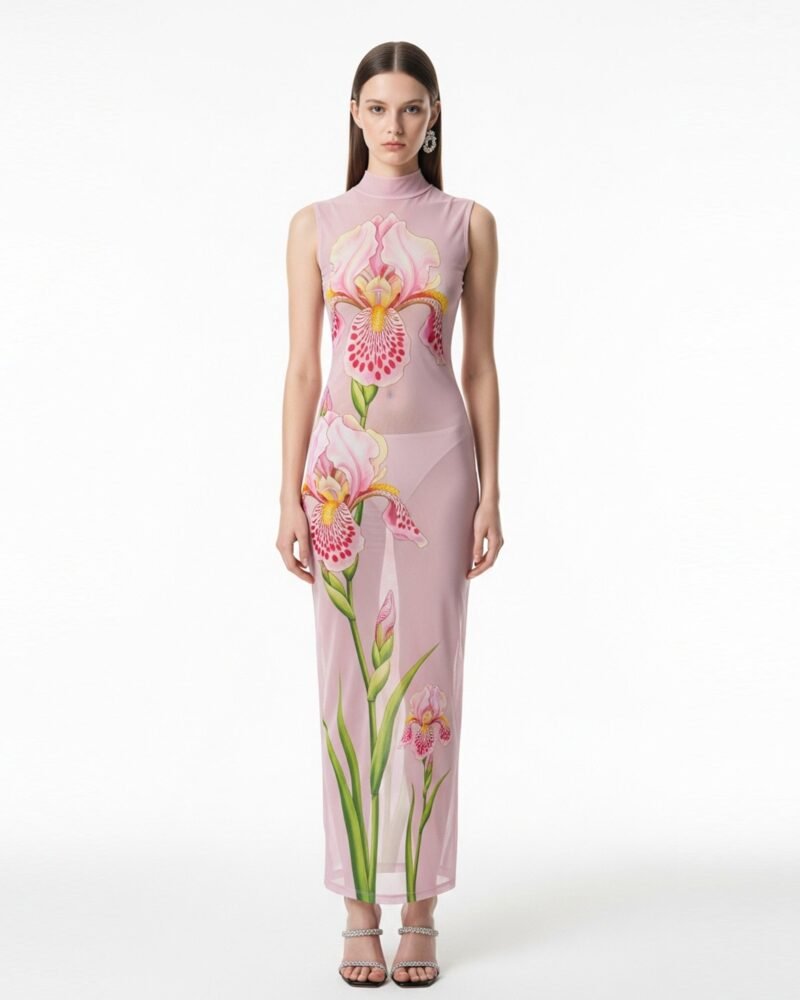 Sheer Floral Print Mesh Maxi Dress – Pink - Image 1