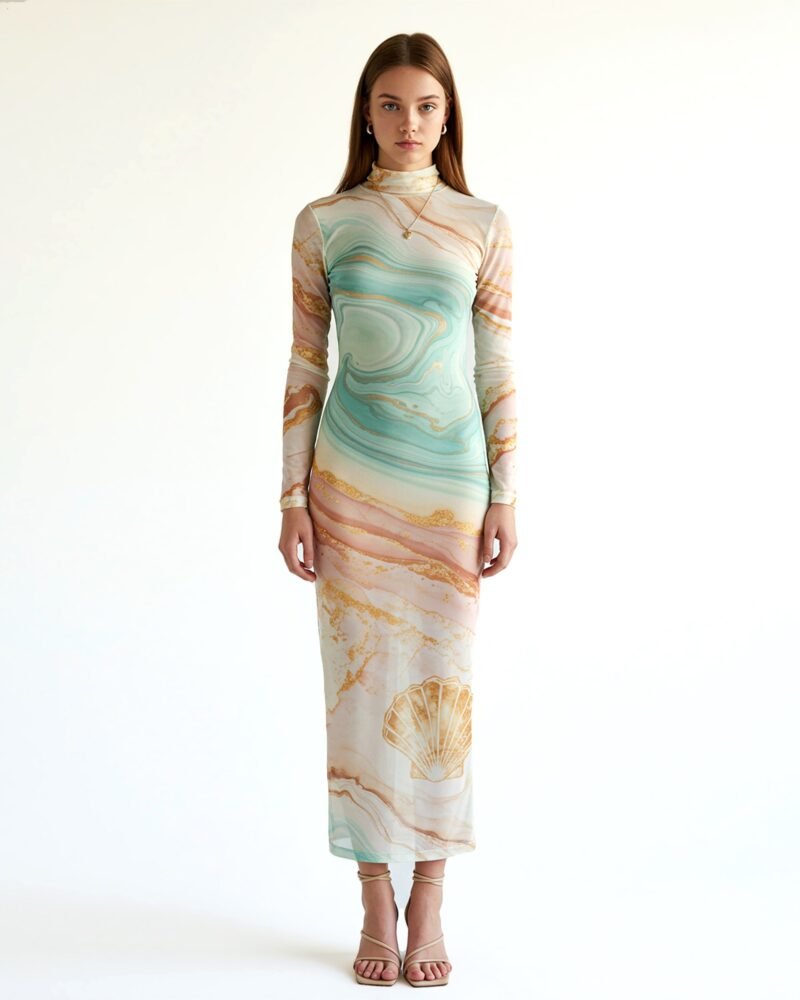 Marbled Print Mesh Long Dress – Green - Image 1